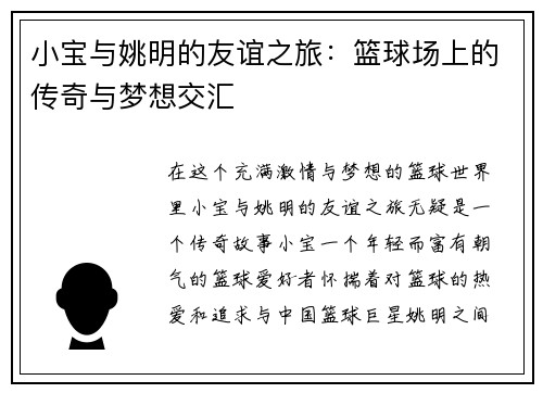 小宝与姚明的友谊之旅：篮球场上的传奇与梦想交汇